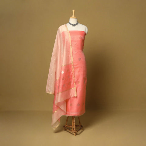 Orange - 2pc handloom zari buta unstitched chanderi silk