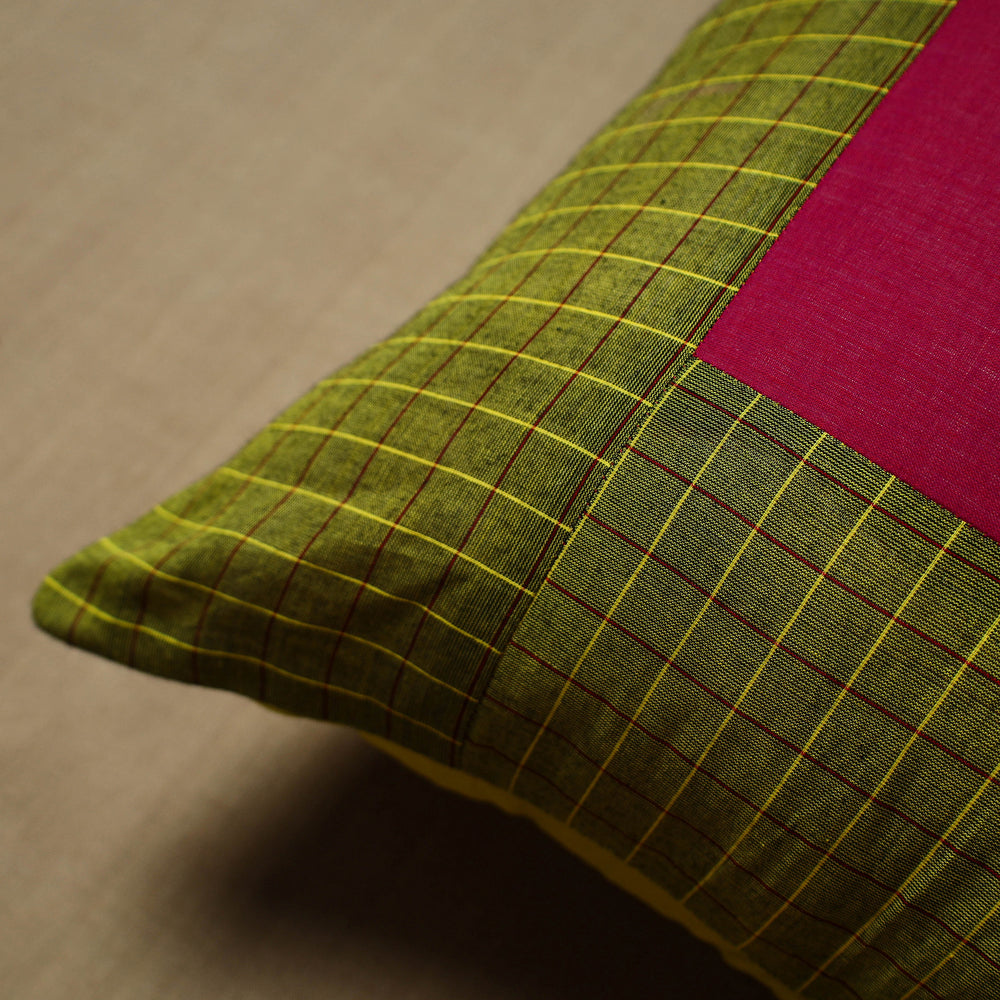 Green - Patchwork Cotton Kanchipuram Cushion Cover (16 x 16 in) 44