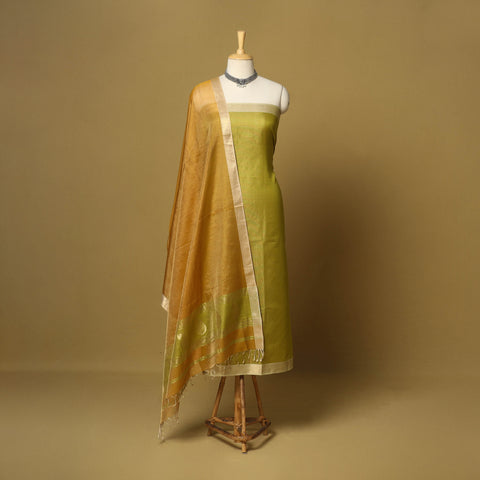 Green - 2pc tissue zari handloom unstitched maheshwari silk
