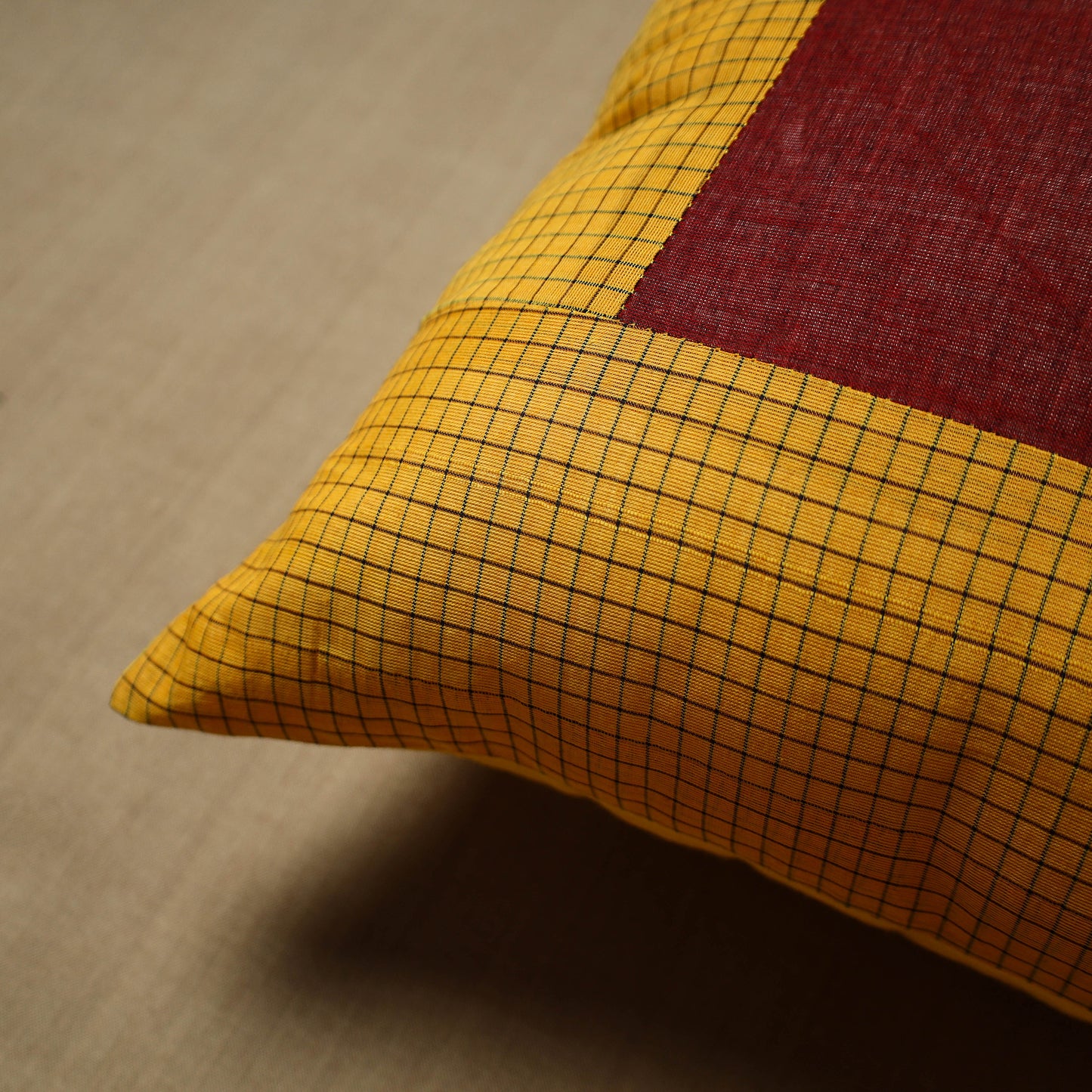 Yellow - Patchwork Cotton Kanchipuram Cushion Cover (16 x 16 in) 48