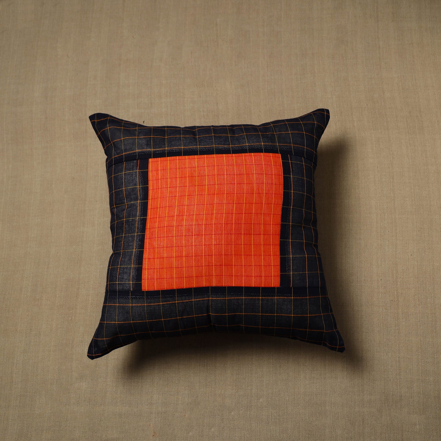 Black - Patchwork Cotton Kanchipuram Cushion Cover (16 x 16 in) 50