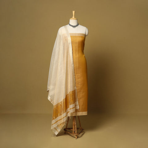 Orange - 2pc tissue zari handloom unstitched maheshwari