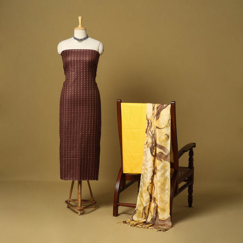 Brown - 3pc handloom mulberry unstitched suit material set