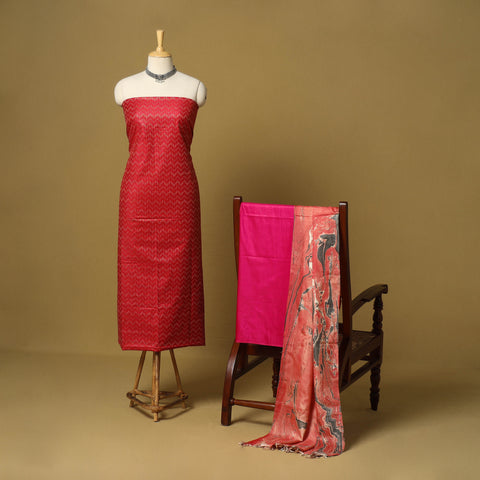Red - 3pc handloom mulberry unstitched suit material set