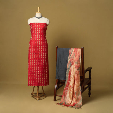 Red - 3pc handloom mulberry unstitched suit material set