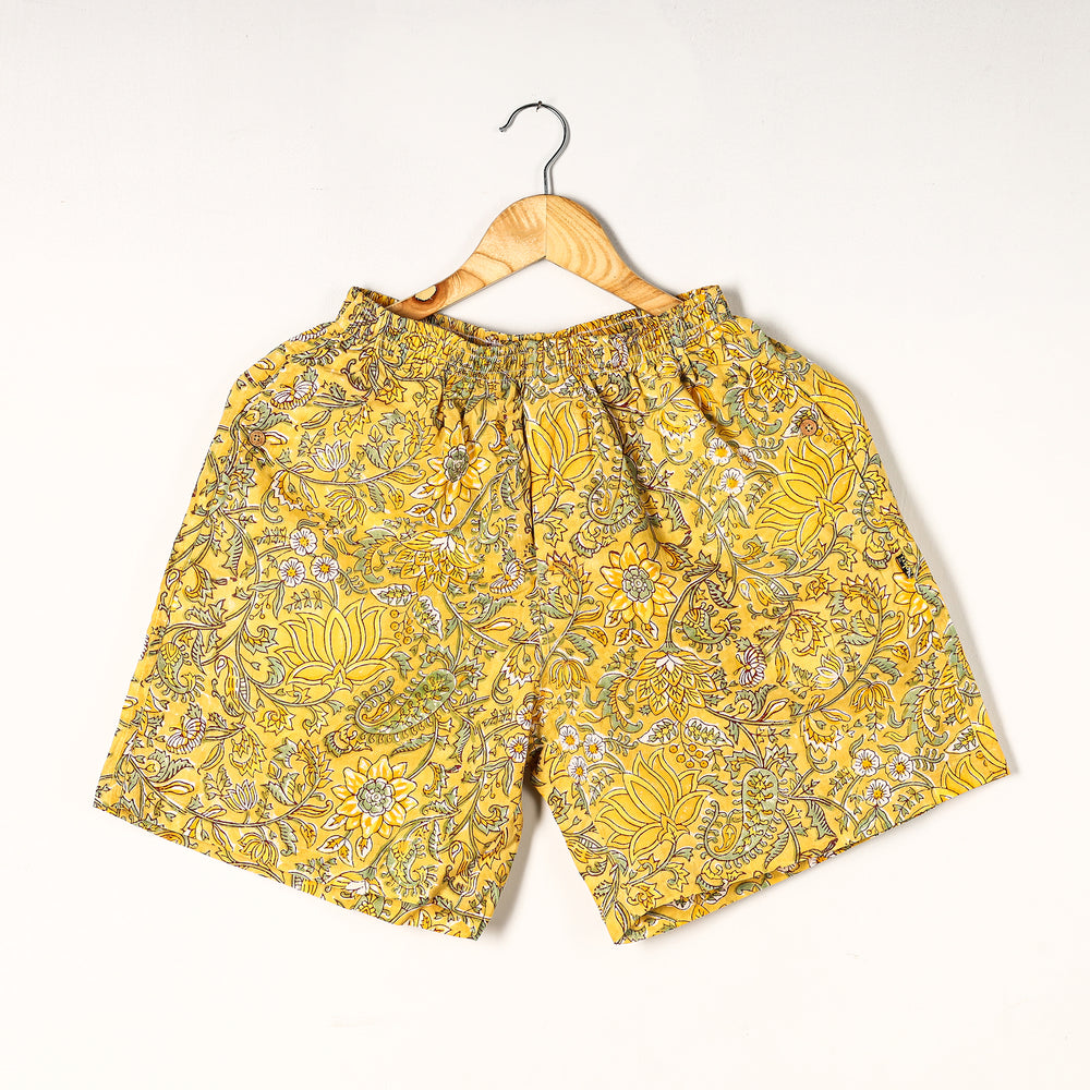 Yellow - Sanganeri Block Printed Cotton Unisex Boxer/Shorts