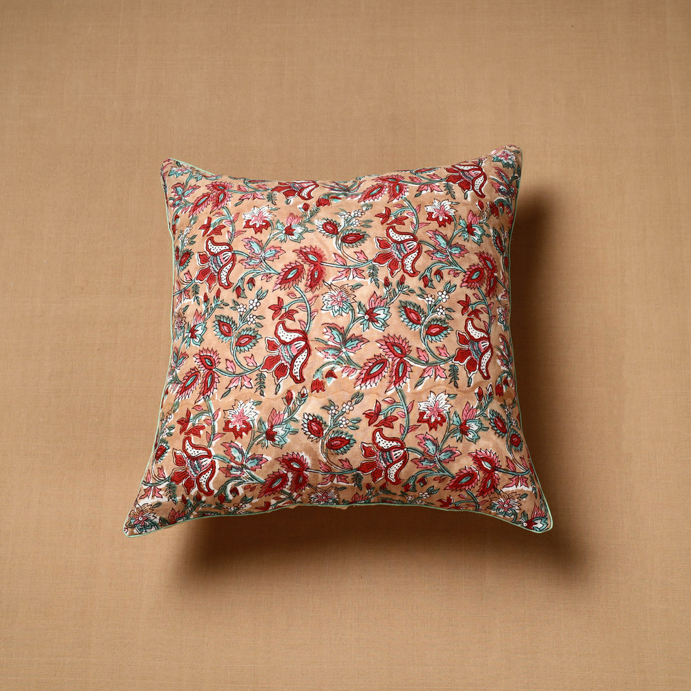 Brown - Block Print Cotton Sanganeri Cushion Cover (16 x 16 in) 86