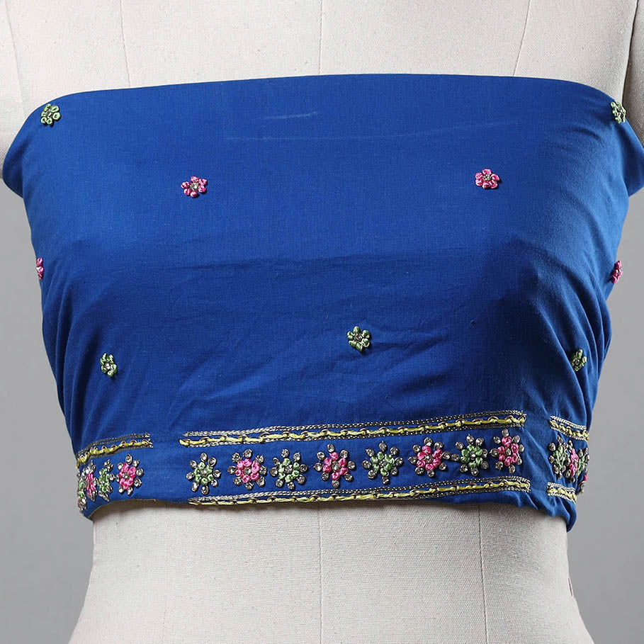 Blue - Zardozi Hand Embroidery Cotton Plain Blouse Piece 03