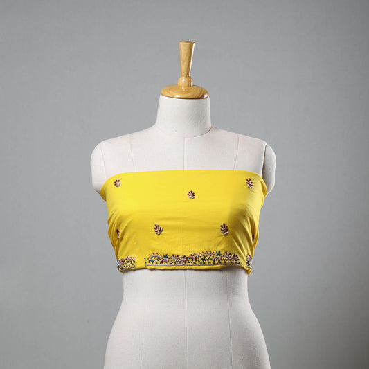 Yellow - Zardozi Hand Embroidery Cotton Plain Blouse Piece 05