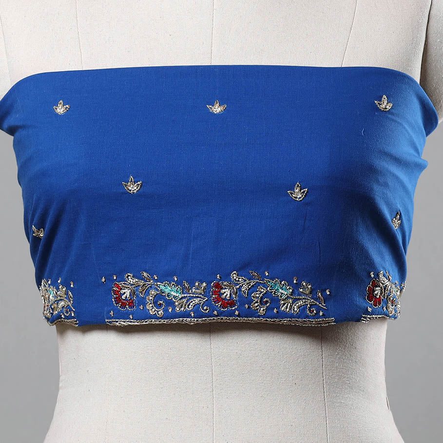 Blue - Zardozi Hand Embroidery Cotton Plain Blouse Piece 06