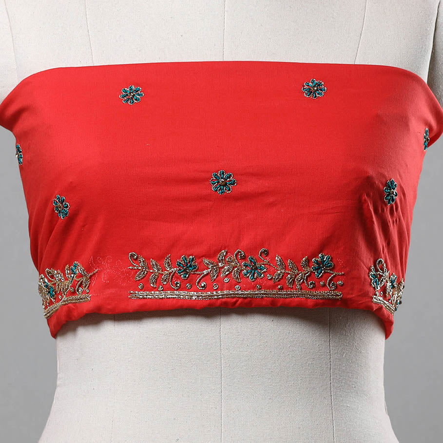 Red - Zardozi Hand Embroidery Cotton Plain Blouse Piece 11