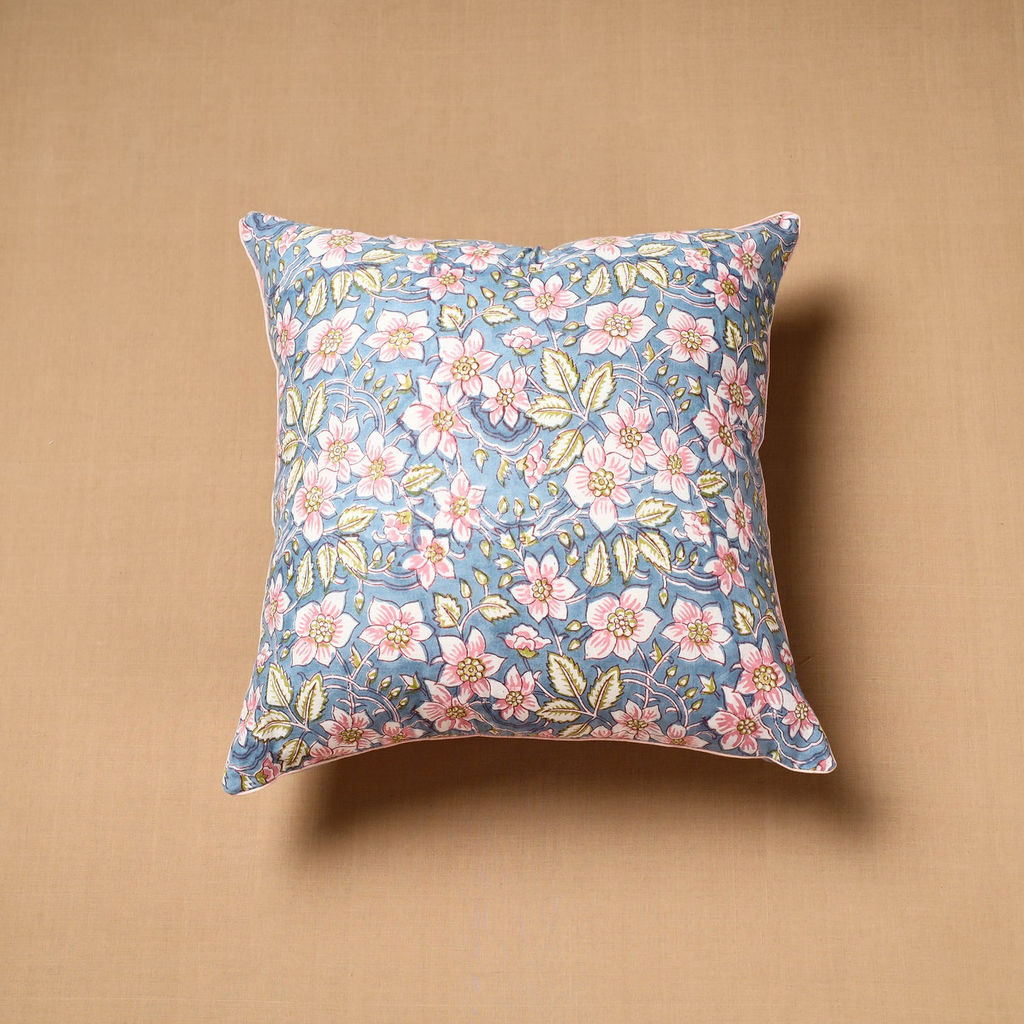 Blue - Block Print Cotton Sanganeri Cushion Cover (16 x 16 in) 90