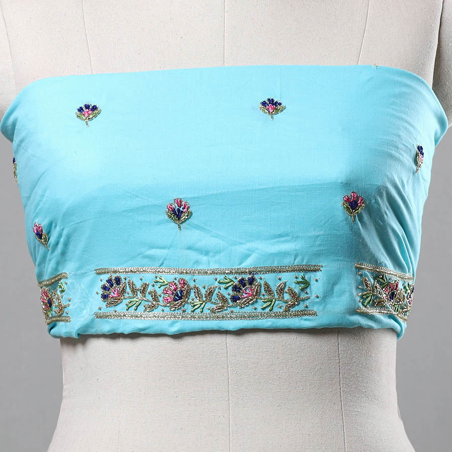 Blue - Zardozi Hand Embroidery Cotton Plain Blouse Piece 14