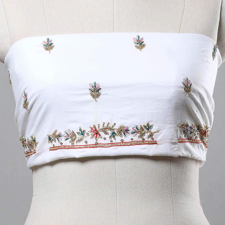 White - Zardozi Hand Embroidery Cotton Plain Blouse Piece 15