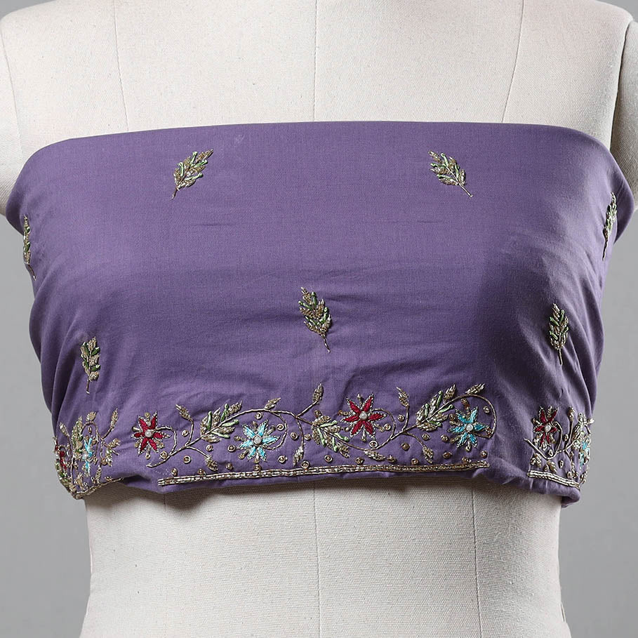 Purple - Zardozi Hand Embroidery Cotton Plain Blouse Piece 16