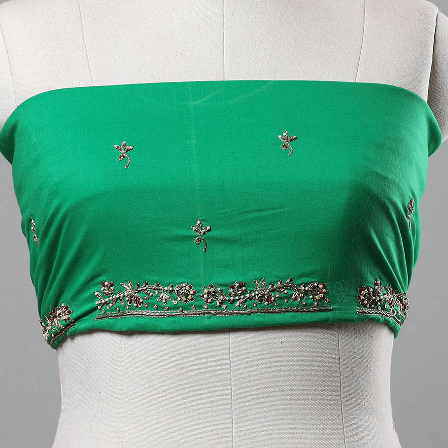 Green - Zardozi Hand Embroidery Cotton Plain Blouse Piece 17