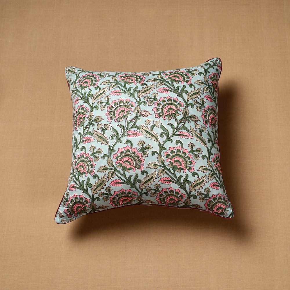 Green - Block Print Cotton Sanganeri Cushion Cover (16 x 16 in) 92