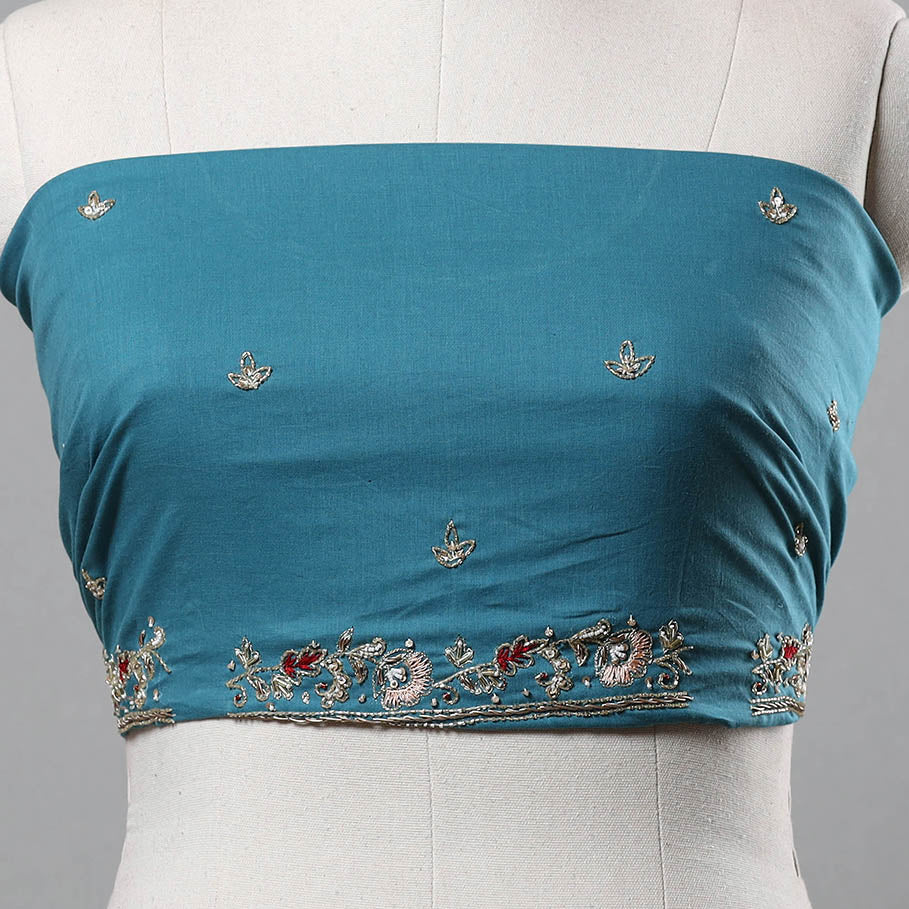 Blue - Zardozi Hand Embroidery Cotton Plain Blouse Piece 20