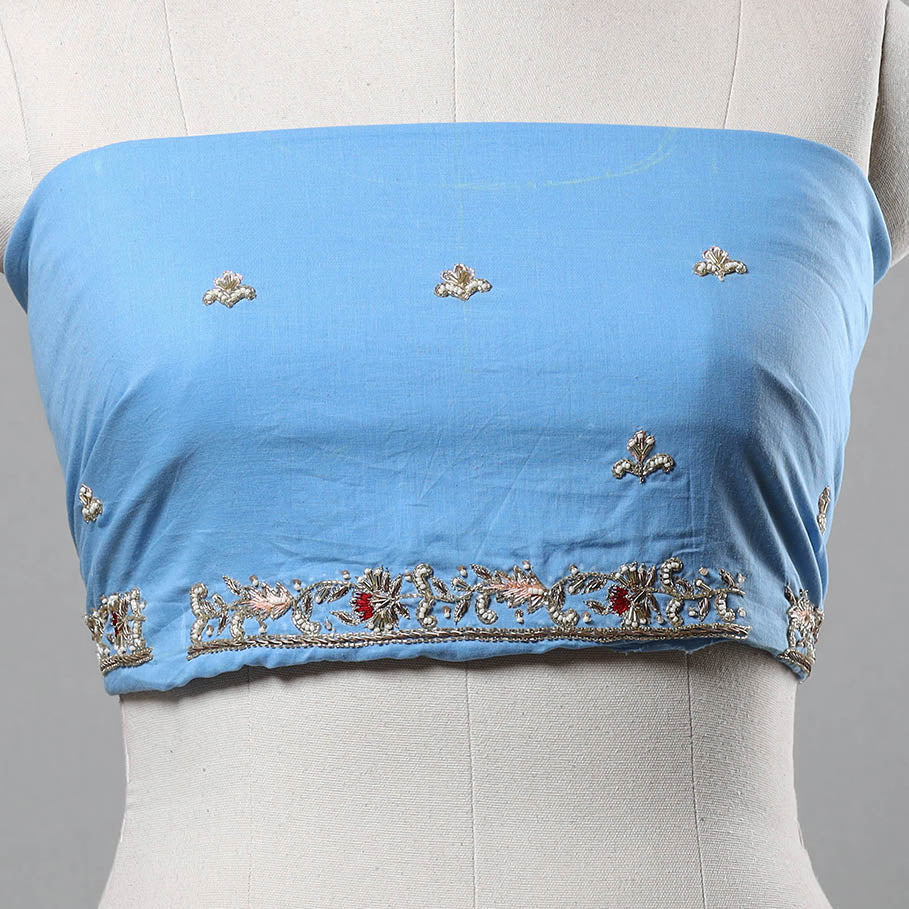 Blue - Zardozi Hand Embroidery Cotton Plain Blouse Piece 21