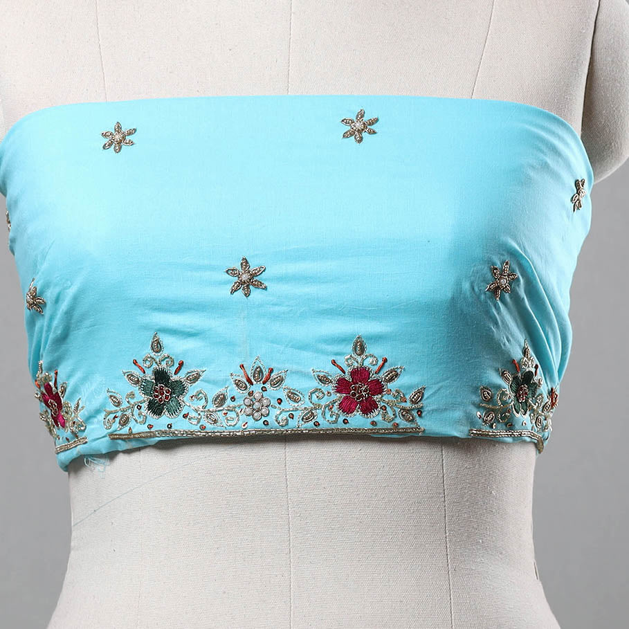 Blue - Zardozi Hand Embroidery Cotton Plain Blouse Piece 23