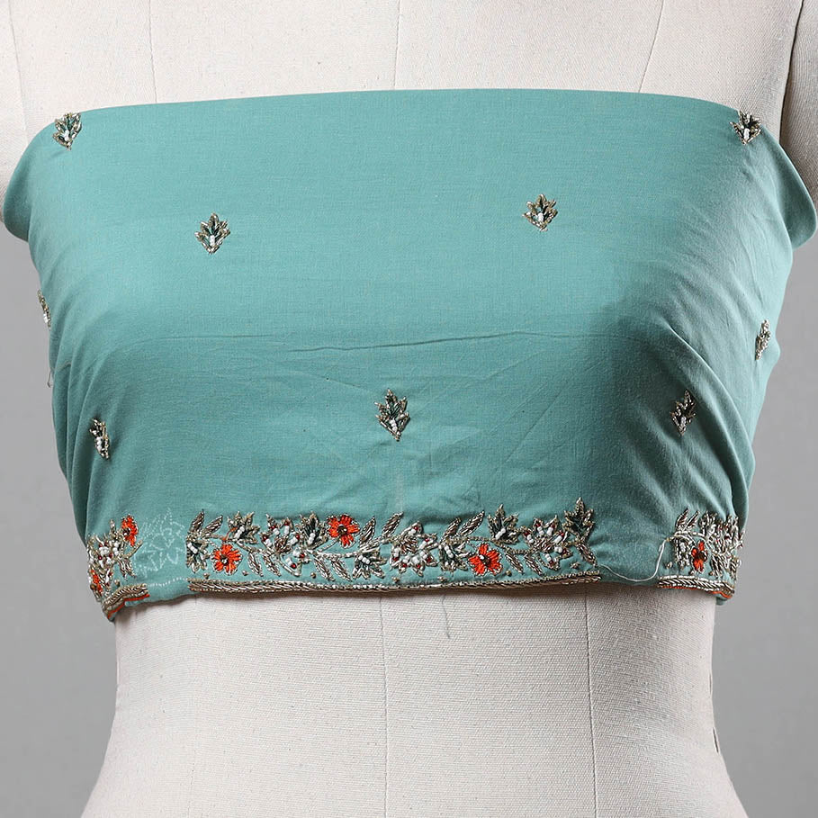 Green - Zardozi Hand Embroidery Cotton Plain Blouse Piece 26