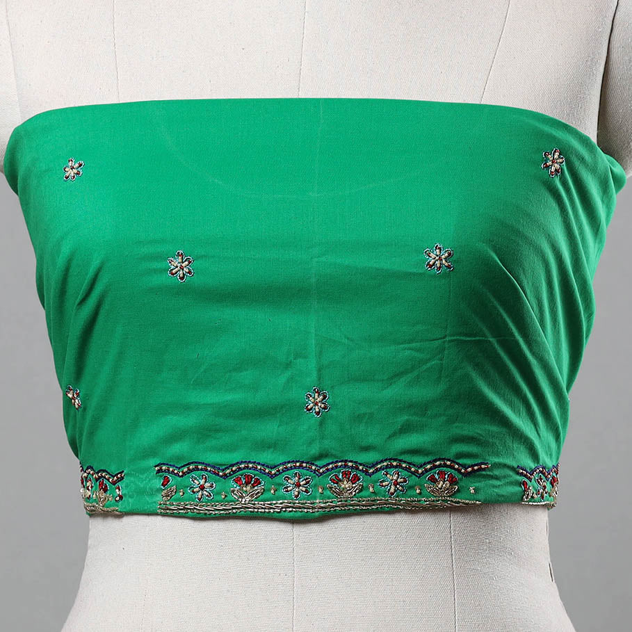 Green - Zardozi Hand Embroidery Cotton Plain Blouse Piece 30