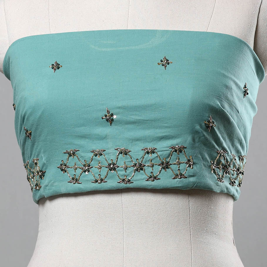 Green - Zardozi Hand Embroidery Cotton Plain Blouse Piece 32