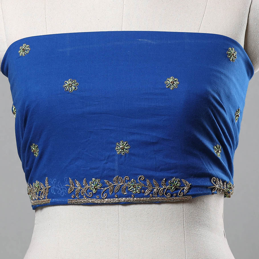 Blue - Zardozi Hand Embroidery Cotton Plain Blouse Piece 33