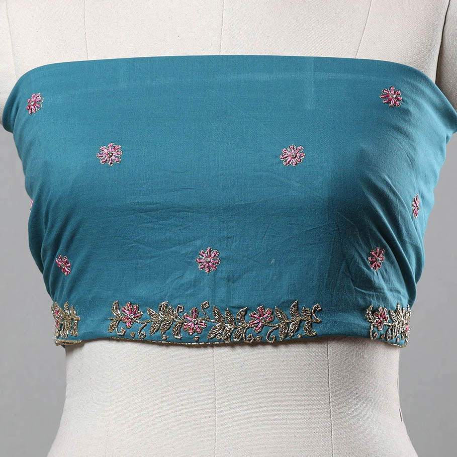 Blue - Zardozi Hand Embroidery Cotton Plain Blouse Piece 34