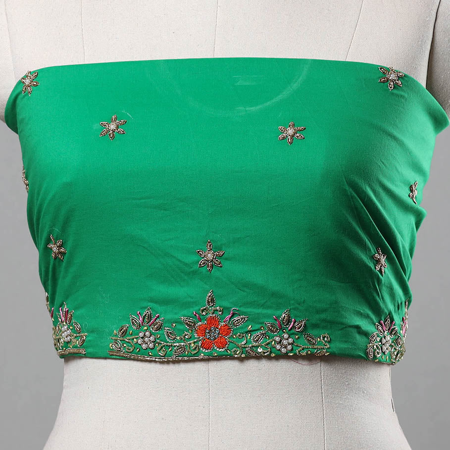 Green - Zardozi Hand Embroidery Cotton Plain Blouse Piece 36