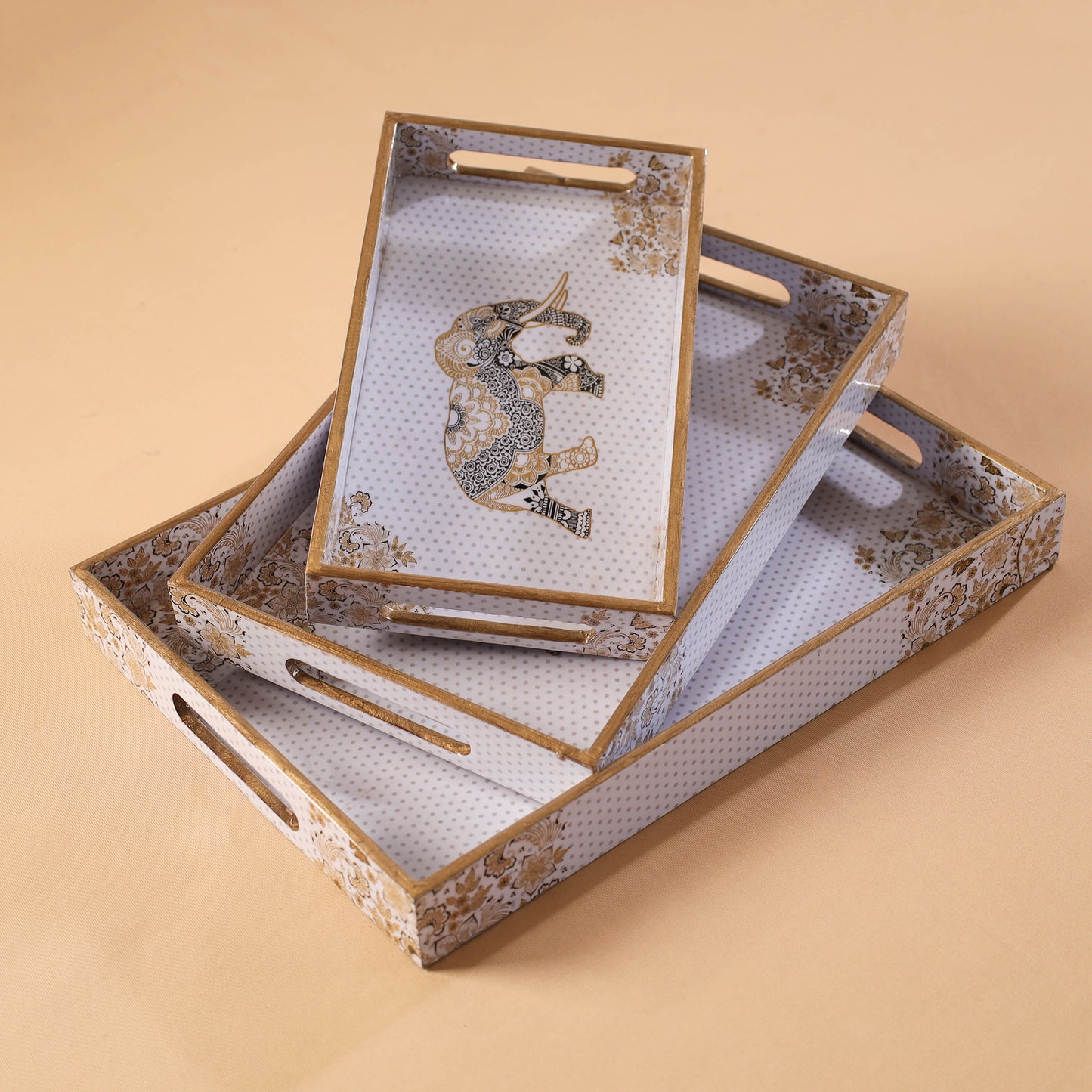 Handcrafted Enamel Coated Rectangle Wooden Serving Trays (Set of 3) 03