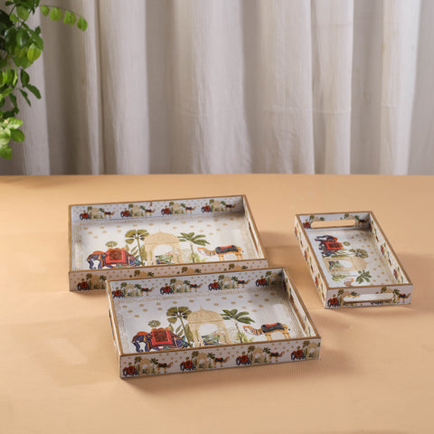 Handcrafted Enamel Coated Rectangle Wooden Serving Trays (Set of 3) 02