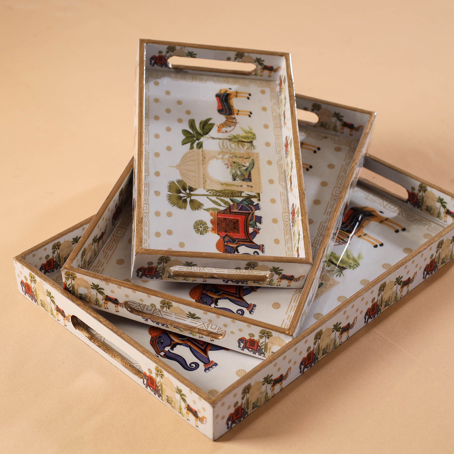 Handcrafted Enamel Coated Rectangle Wooden Serving Trays (Set of 3) 02
