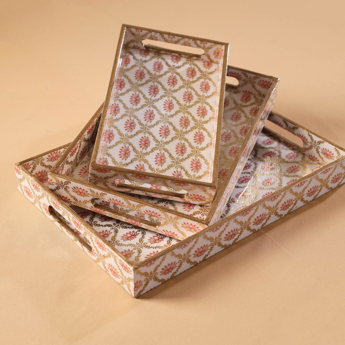 Handcrafted Enamel Coated Rectangle Wooden Serving Trays (Set of 3) 05