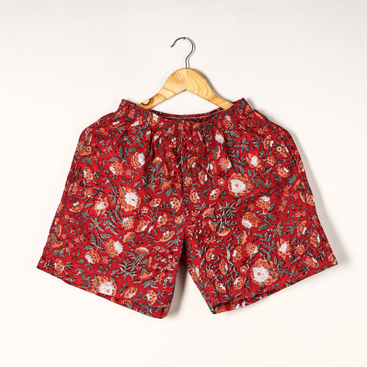 Red - Sanganeri Block Printed Cotton Unisex Boxer/Shorts