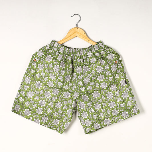 Green - Sanganeri Block Printed Cotton Unisex Boxer/Shorts