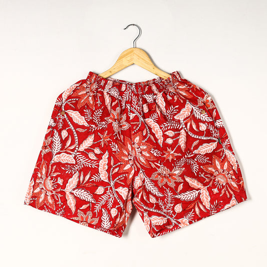 Red - Sanganeri Block Printed Cotton Unisex Boxer/Shorts