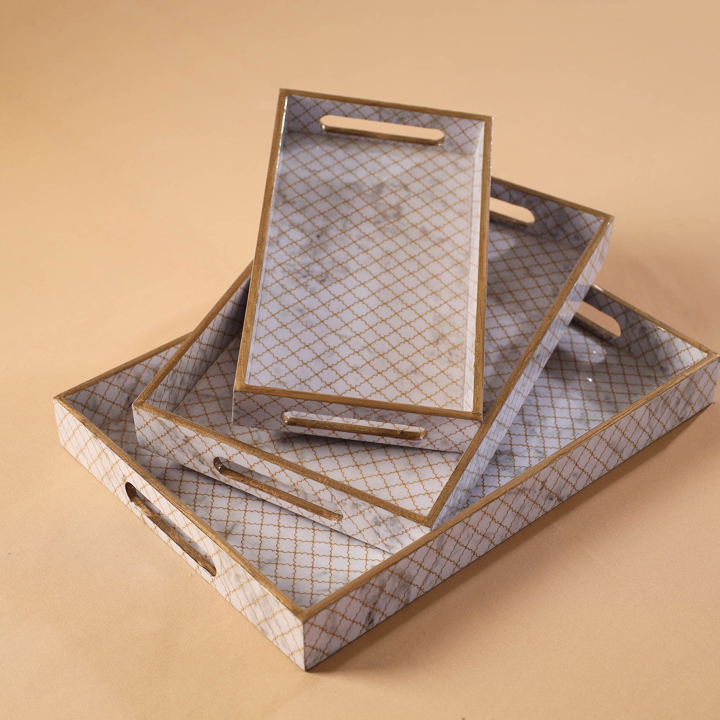 Handcrafted Enamel Coated Rectangle Wooden Serving Trays (Set of 3) 09
