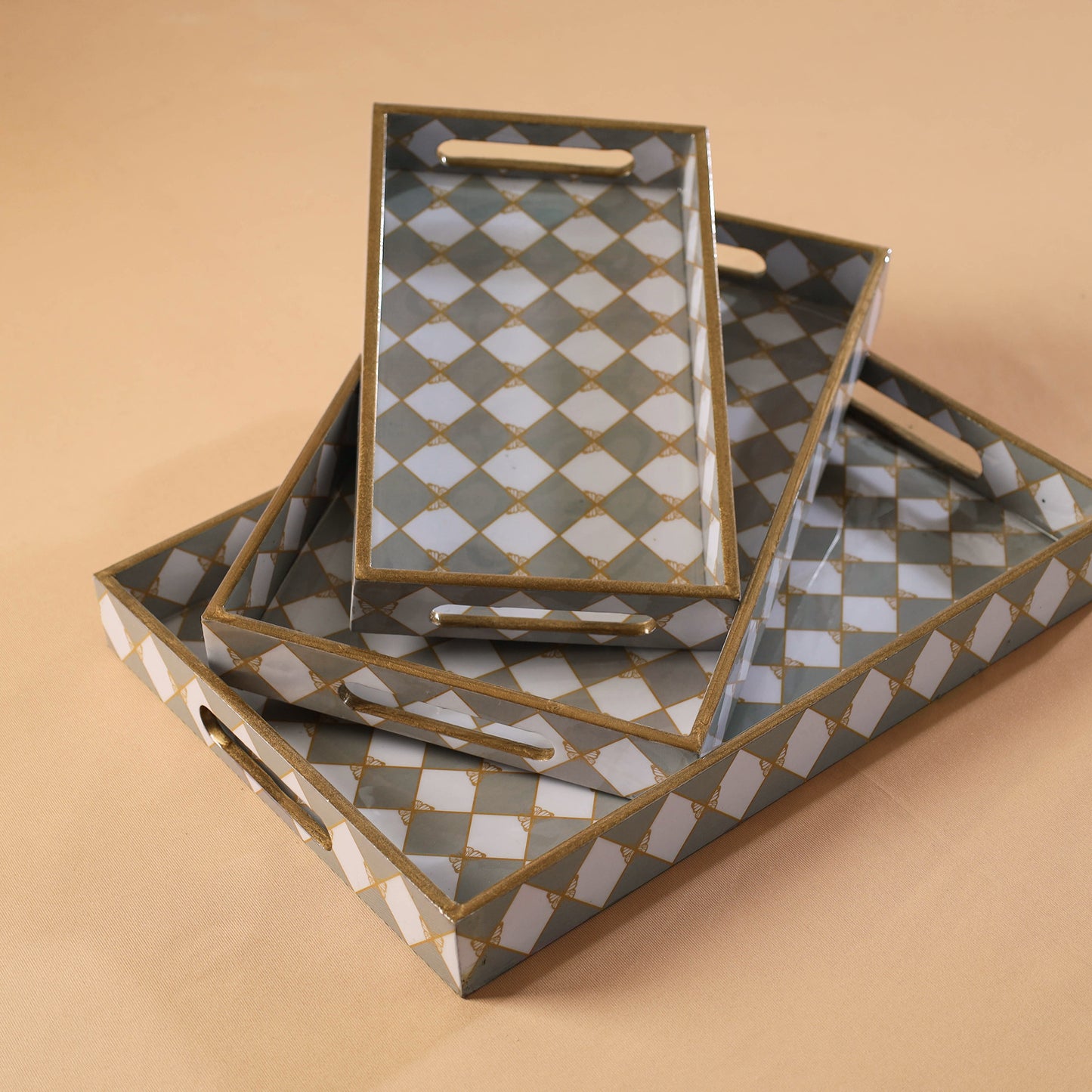Handcrafted Enamel Coated Rectangle Wooden Serving Trays (Set of 3) 14