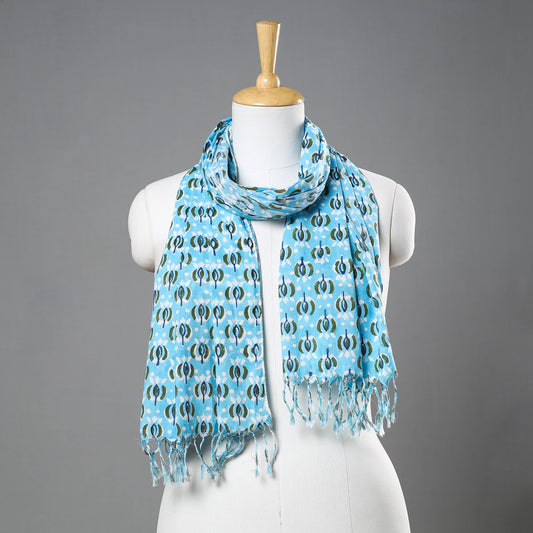 Blue - Sanganeri Block Printed Cotton Stole with Tassels