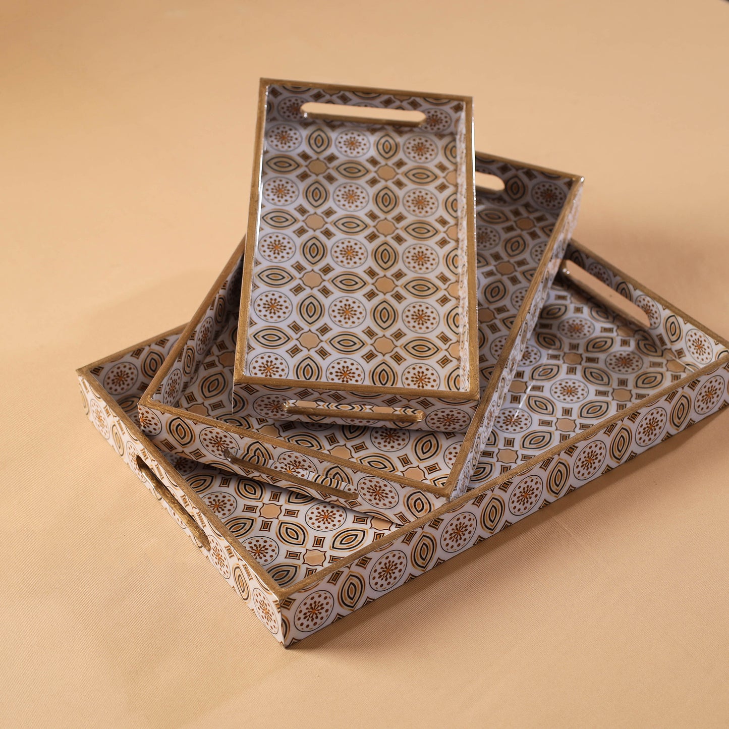 Handcrafted Enamel Coated Rectangle Wooden Serving Trays (Set of 3) 16