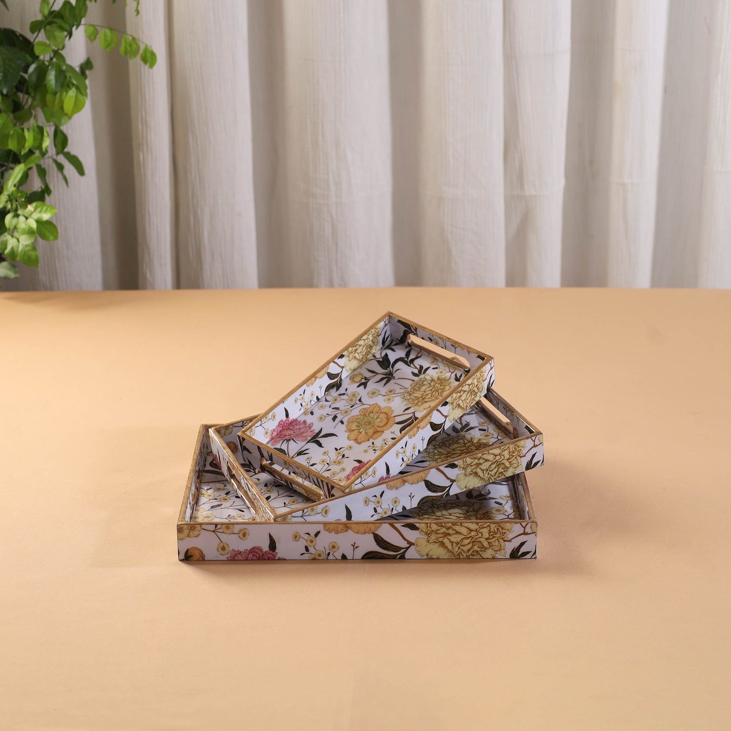 Handcrafted Enamel Coated Rectangle Wooden Serving Trays (Set of 3) 17