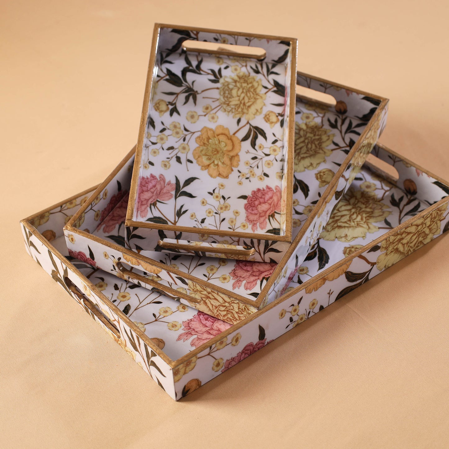 Handcrafted Enamel Coated Rectangle Wooden Serving Trays (Set of 3) 17