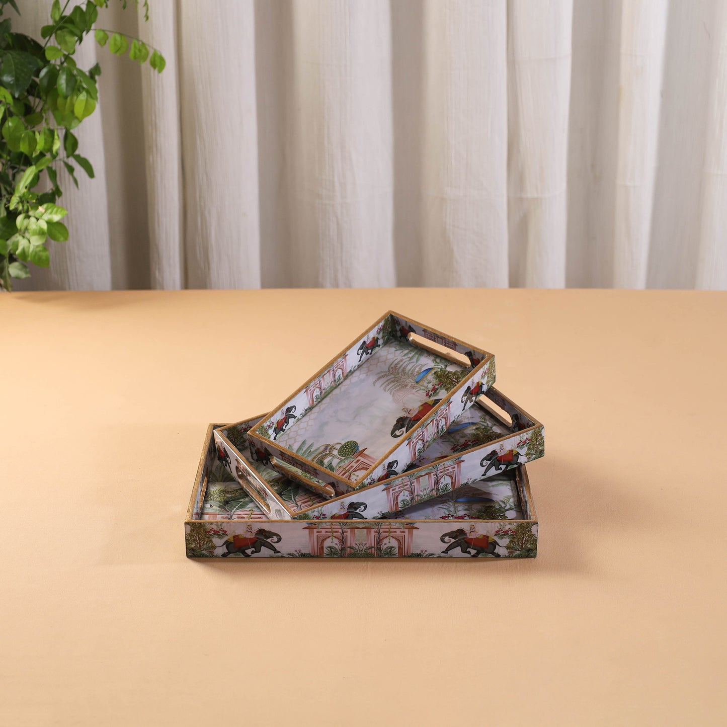 Handcrafted Enamel Coated Rectangle Wooden Serving Trays (Set of 3) 20