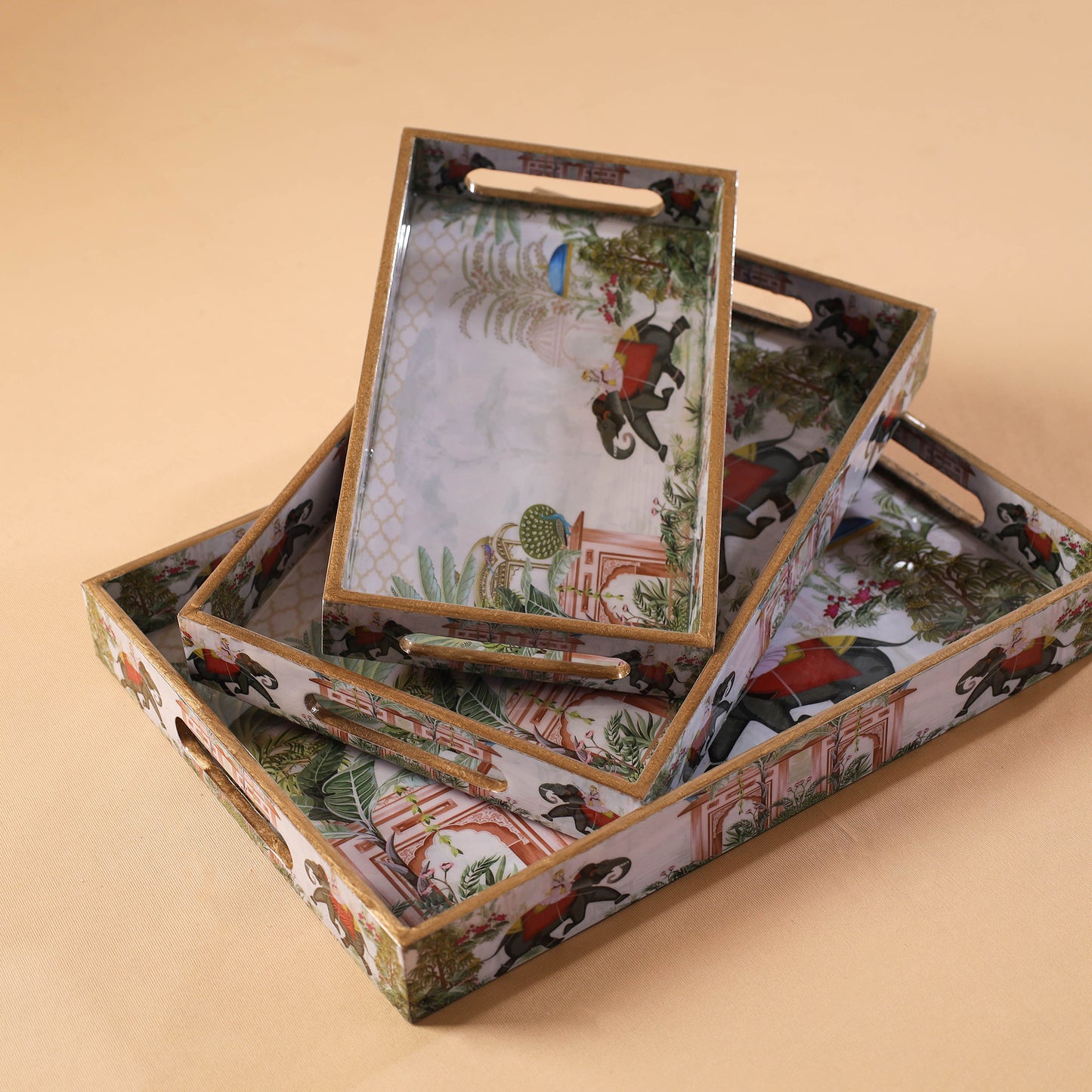 Handcrafted Enamel Coated Rectangle Wooden Serving Trays (Set of 3) 20