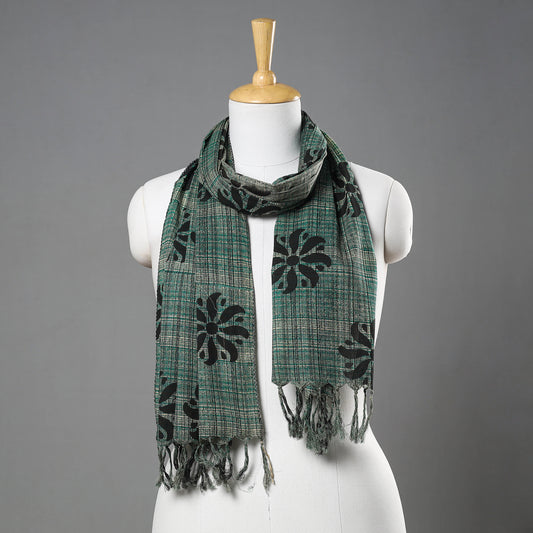 Green - Hand Block Printed Cotton Stole with Tassels