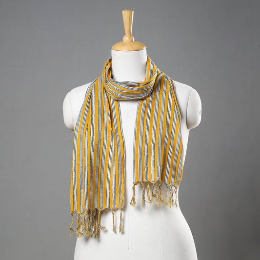 Yellow - Hand Block Printed Cotton Stole with Tassels