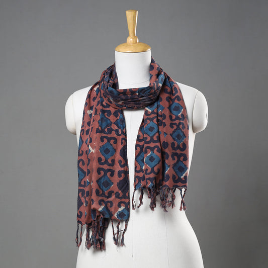 Brown - Hand Block Printed Cotton Stole with Tassels