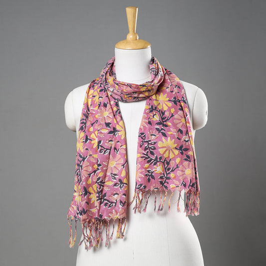 Pink - Sanganeri Block Printed Cotton Stole with Tassels