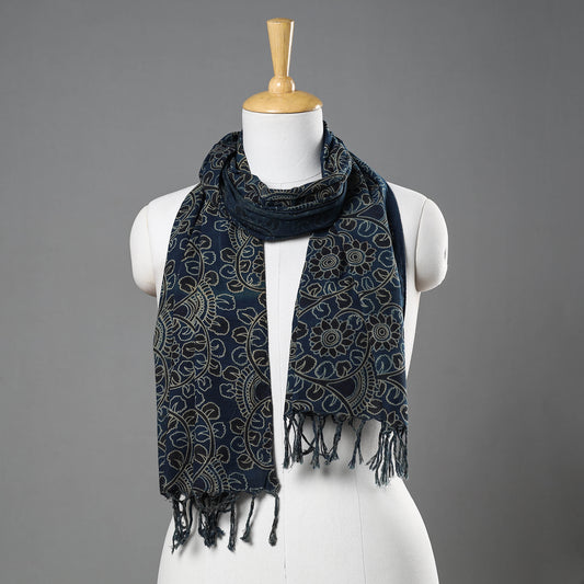 Blue - Hand Block Printed Cotton Stole with Tassels